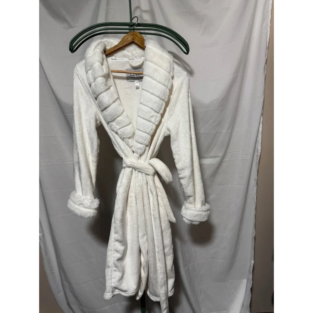 Nicole Miller New York Plush White Spa Robe Womens S/M Belted cozy Lounge